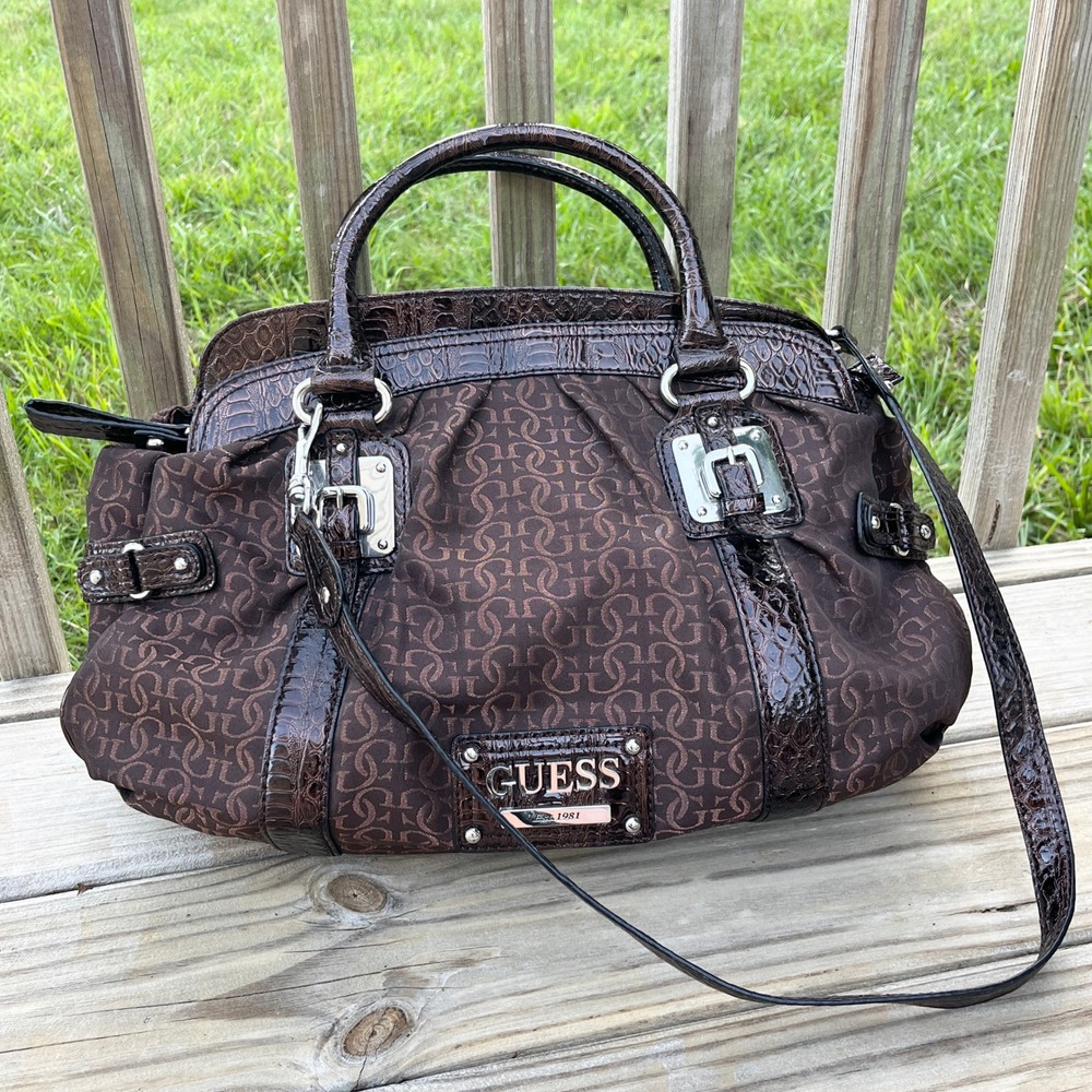 Guess Groupie Bag Womens Large Brown Monogram Faux Croc Y2K 2008 Hobo Slouchy